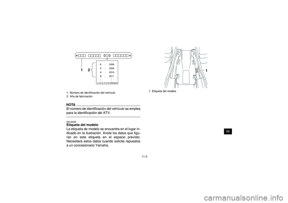 YAMAHA YFM350R 2012 Manuale de Empleo (in Spanish) 11-2
11
NOTAEl número de identificaci ón del vehí culo se emplea
para la identificaci ón del ATV.SBU26050Etiqueta del modelo
La etiqueta de modelo se encuentra en el lugar in-
dicado en la ilustr YAMAHA YFM350R 2012 Manuale de Empleo (in Spanish) 11-2
11
NOTAEl número de identificaci ón del vehí culo se emplea
para la identificaci ón del ATV.SBU26050Etiqueta del modelo
La etiqueta de modelo se encuentra en el lugar in-
dicado en la ilustr