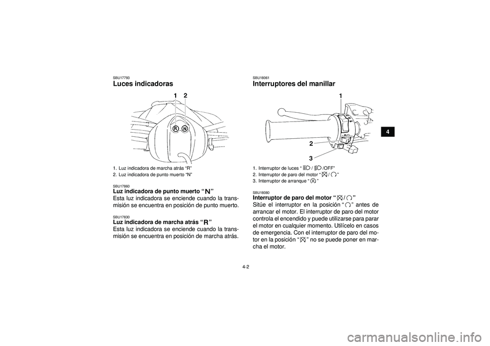 YAMAHA YFM350R 2012  Manuale de Empleo (in Spanish) 4-2
4
SBU17793Luces indicadoras SBU17860Luz indicadora de punto muerto“” 
Esta luz indicadora se enciende cuando la trans-
misi ón se encuentra en posici ón de punto muerto.SBU17830Luz indicador
