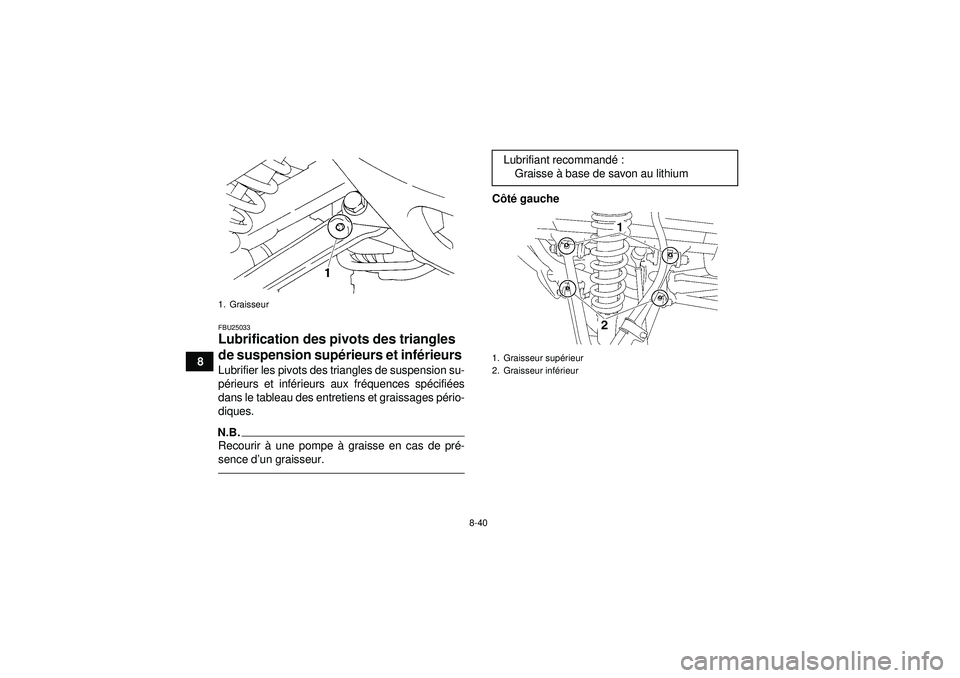 YAMAHA YFM350R 2012 Notices Demploi (in French) 8-40
8
FBU25033Lubrification des pivots des triangles
de suspension supérieurs et inférieurs Lubrifier les pivots des triangles de suspension su-
pé rieurs et inf érieurs aux fr équences sp éci YAMAHA YFM350R 2012 Notices Demploi (in French) 8-40
8
FBU25033Lubrification des pivots des triangles
de suspension supérieurs et inférieurs Lubrifier les pivots des triangles de suspension su-
pé rieurs et inf érieurs aux fr équences sp éci