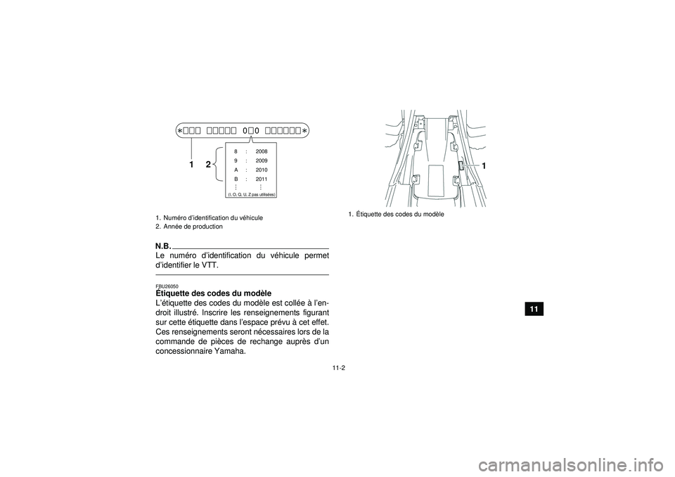 YAMAHA YFM350R 2012 Notices Demploi (in French) 11-2
11
N.B.Le numéro d ’identification du v éhicule permet
d ’identifier le VTT.FBU26050É tiquette des codes du mod èle
L ’é tiquette des codes du mod èle est coll ée à l’en-
droit YAMAHA YFM350R 2012 Notices Demploi (in French) 11-2
11
N.B.Le numéro d ’identification du v éhicule permet
d ’identifier le VTT.FBU26050É tiquette des codes du mod èle
L ’é tiquette des codes du mod èle est coll ée à l’en-
droit