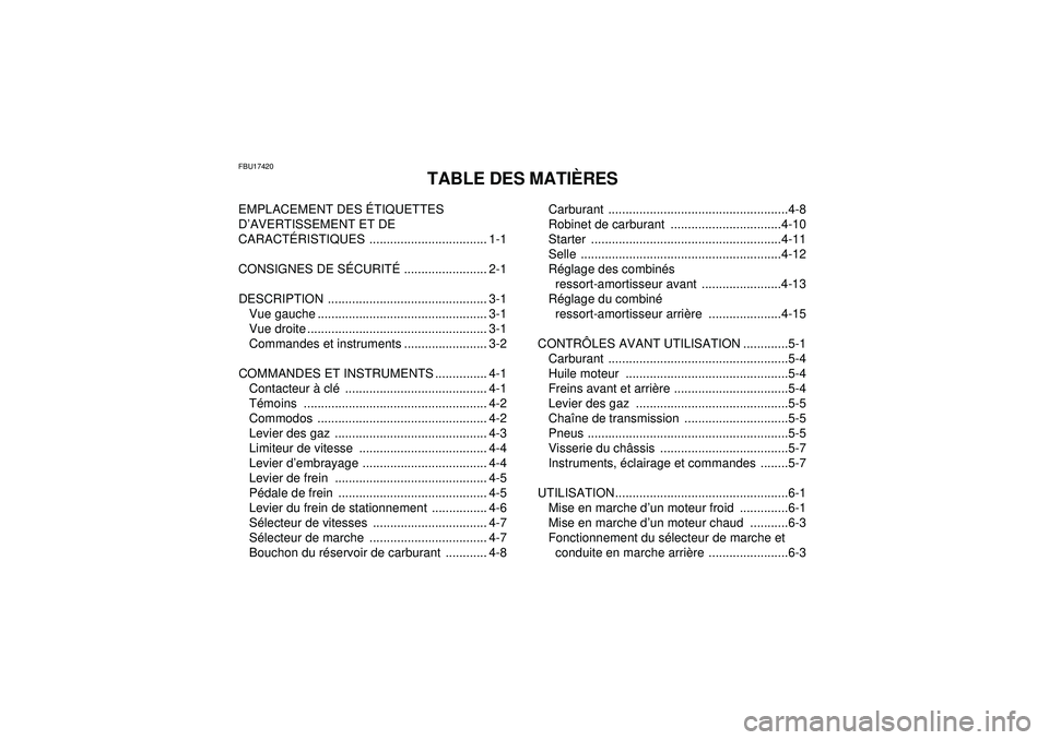 YAMAHA YFM350R 2012 Notices Demploi (in French) FBU17420
TABLE DES MATIÈRES
EMPLACEMENT DES ÉTIQUETTES
D ’AVERTISSEMENT ET DE
CARACT ÉRISTIQUES .................................. 1-1
CONSIGNES DE S ÉCURIT É ........................ 2-1
DE YAMAHA YFM350R 2012 Notices Demploi (in French) FBU17420
TABLE DES MATIÈRES
EMPLACEMENT DES ÉTIQUETTES
D ’AVERTISSEMENT ET DE
CARACT ÉRISTIQUES .................................. 1-1
CONSIGNES DE S ÉCURIT É ........................ 2-1
DE