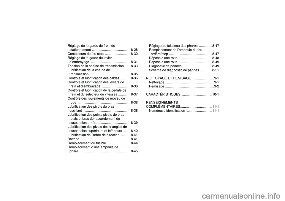YAMAHA YFM350R 2012  Notices Demploi (in French) Réglage de la garde du frein de 
stationnement ......................................... 8-28
Contacteurs de feu stop  ........................... 8-30
R églage de la garde du levier 
d ’embrayage