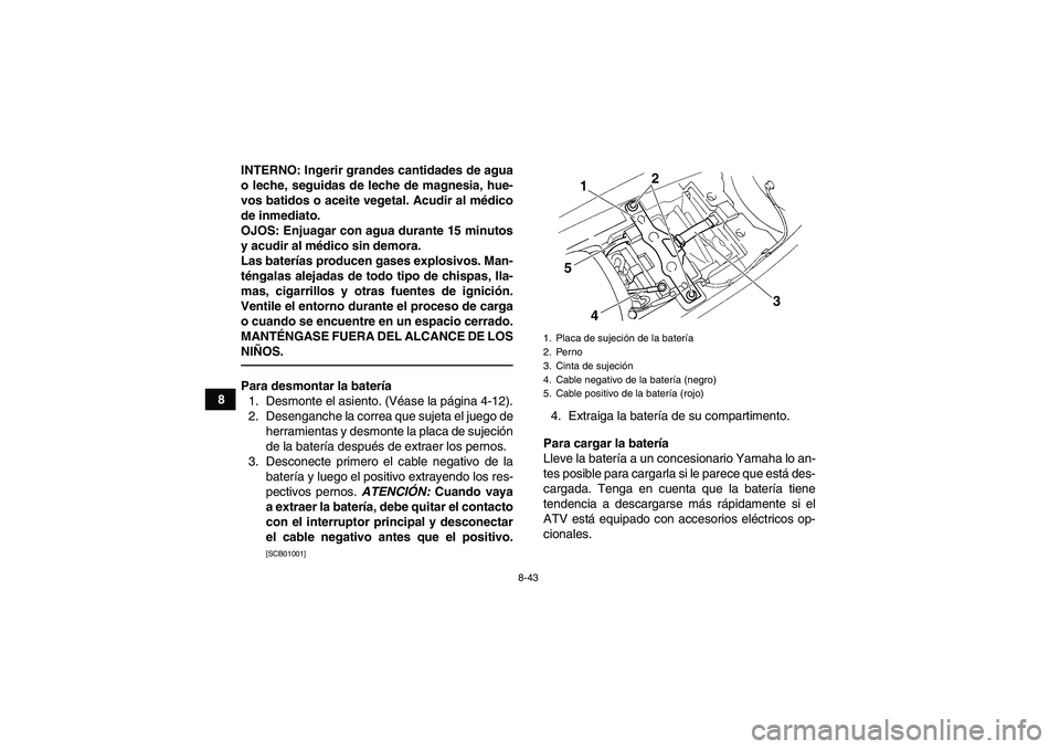 YAMAHA YFM350R 2011 Manuale de Empleo (in Spanish) 8-43
8INTERNO: Ingerir grandes cantidades de agua
o leche, seguidas de leche de magnesia, hue-
vos batidos o aceite vegetal. Acudir al médico
de inmediato.
OJOS: Enjuagar con agua durante 15 minutos
YAMAHA YFM350R 2011 Manuale de Empleo (in Spanish) 8-43
8INTERNO: Ingerir grandes cantidades de agua
o leche, seguidas de leche de magnesia, hue-
vos batidos o aceite vegetal. Acudir al médico
de inmediato.
OJOS: Enjuagar con agua durante 15 minutos