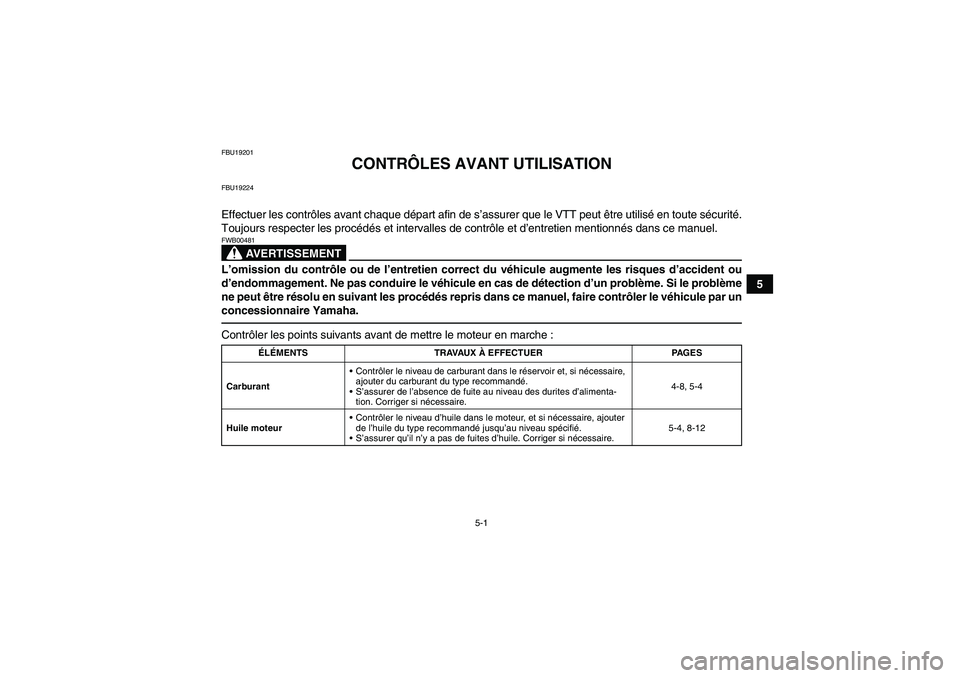 YAMAHA YFM350R 2011 Notices Demploi (in French) 5-1
5
FBU19201
CONTRÔLES AVANT UTILISATION
FBU19224Effectuer les contrôles avant chaque départ afin de s’assurer que le VTT peut être utilisé en toute sécurité.
Toujours respecter les procéd YAMAHA YFM350R 2011 Notices Demploi (in French) 5-1
5
FBU19201
CONTRÔLES AVANT UTILISATION
FBU19224Effectuer les contrôles avant chaque départ afin de s’assurer que le VTT peut être utilisé en toute sécurité.
Toujours respecter les procéd