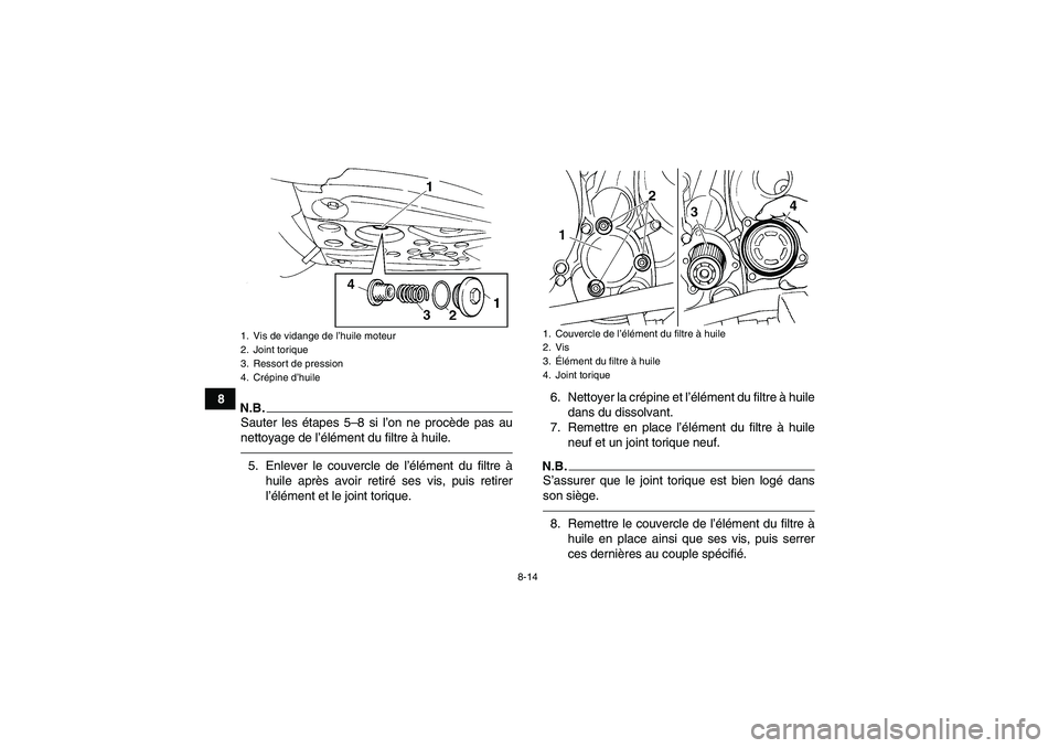 YAMAHA YFM350R 2011  Notices Demploi (in French) 8-14
8
N.B.Sauter les étapes 5–8 si l’on ne procède pas au
nettoyage de l’élément du filtre à huile.5. Enlever le couvercle de l’élément du filtre à
huile après avoir retiré ses vis,