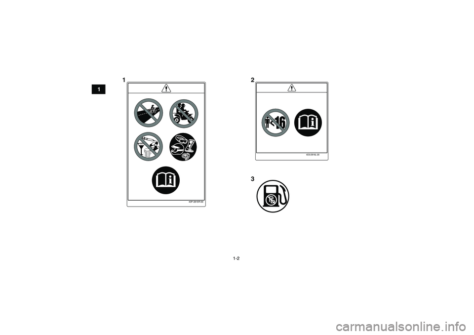 YAMAHA YFM350R 2010 User Guide 1-2
1
4D3-2816L-20
43P-2816R-00
12
3
U1BS60E0.book Page 2 Thursday, April 16, 2009 4:11 PM YAMAHA YFM350R 2010 User Guide 1-2
1
4D3-2816L-20
43P-2816R-00
12
3
U1BS60E0.book Page 2 Thursday, April 16, 2009 4:11 PM