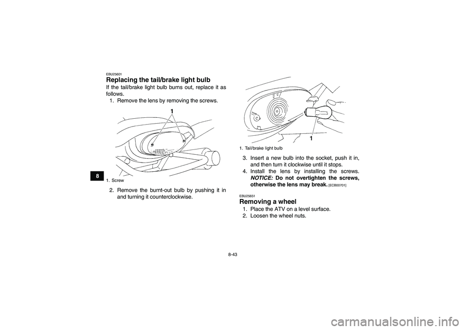 YAMAHA YFM350R 2010  Owners Manual 8-43
8
EBU25601Replacing the tail/brake light bulb If the tail/brake light bulb burns out, replace it as
follows.
1. Remove the lens by removing the screws.
2. Remove the burnt-out bulb by pushing it 