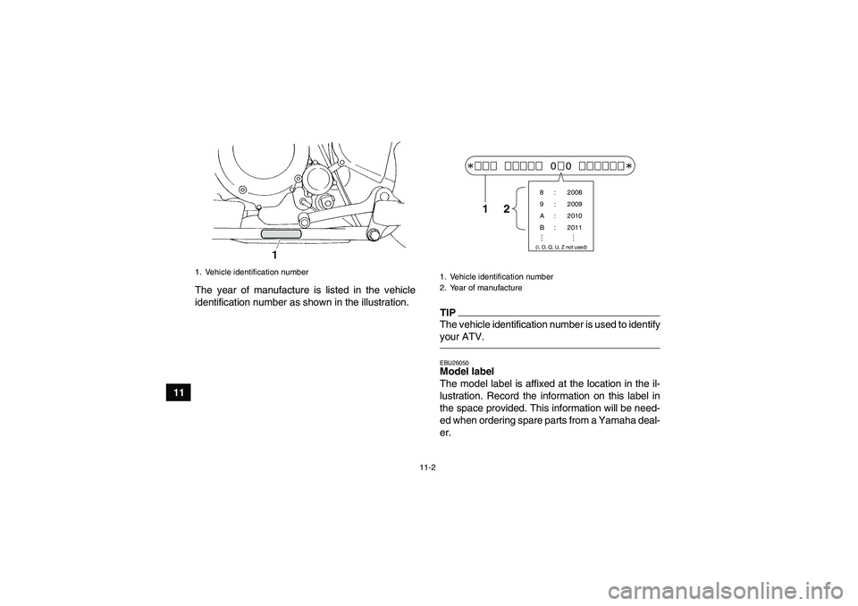 YAMAHA YFM350R 2010 Owners Manual 11-2
11The year of manufacture is listed in the vehicle
identification number as shown in the illustration.
TIPThe vehicle identification number is used to identify
your ATV.EBU26050Model label
The m YAMAHA YFM350R 2010 Owners Manual 11-2
11The year of manufacture is listed in the vehicle
identification number as shown in the illustration.
TIPThe vehicle identification number is used to identify
your ATV.EBU26050Model label
The m