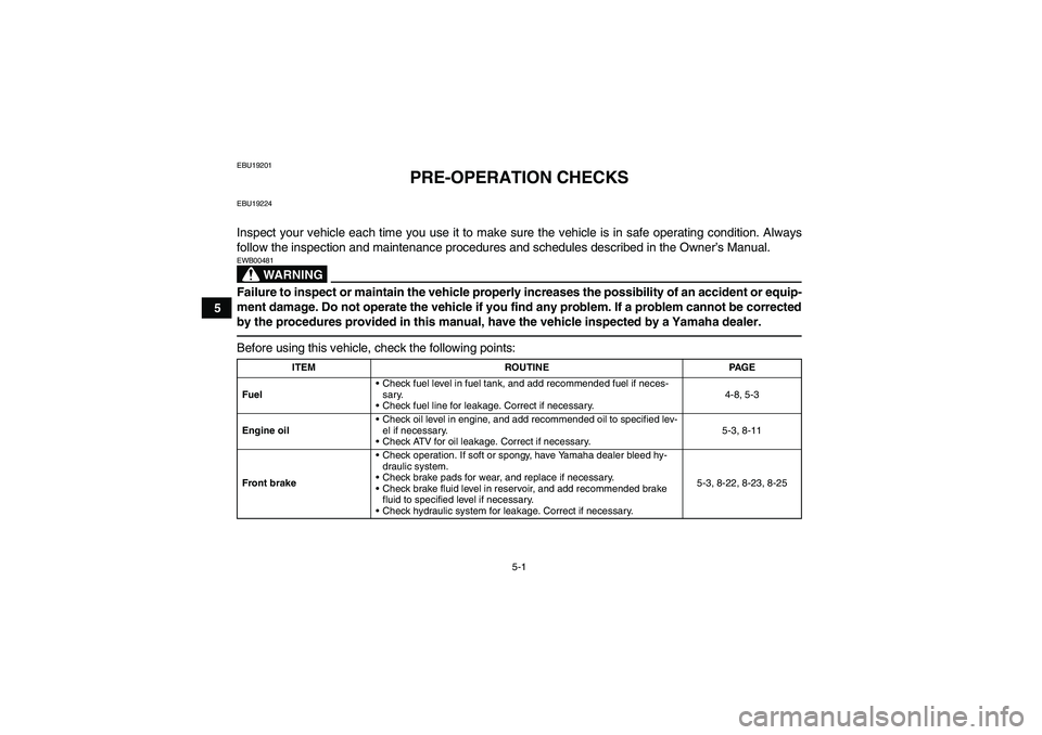 YAMAHA YFM350R 2010 User Guide 5-1
5
EBU19201
PRE-OPERATION CHECKS
EBU19224Inspect your vehicle each time you use it to make sure the vehicle is in safe operating condition. Always
follow the inspection and maintenance procedures a