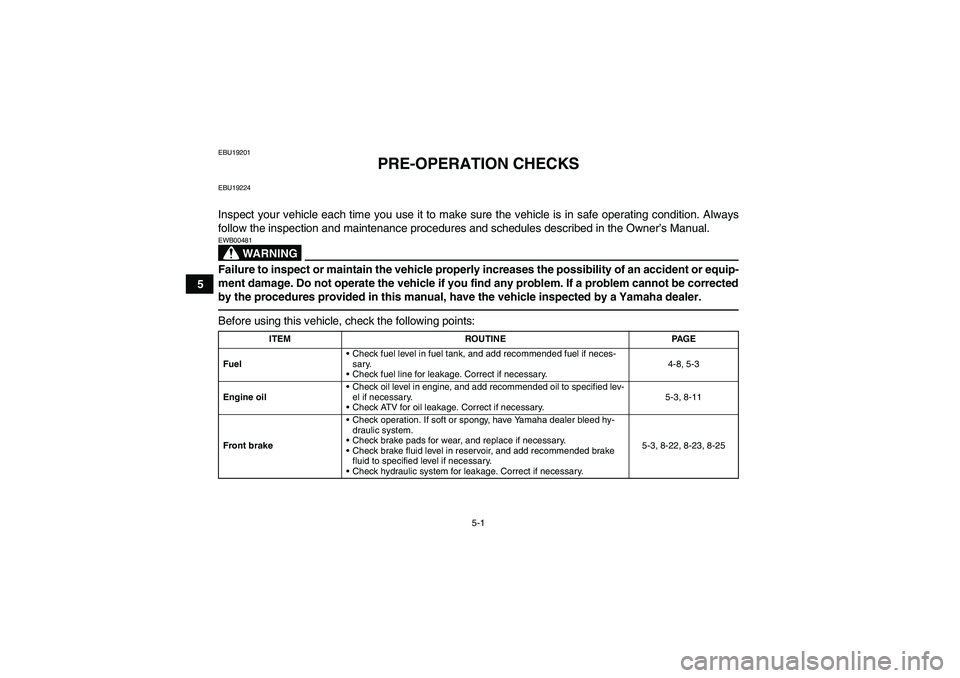 YAMAHA YFM350R 2010  Owners Manual 5-1
5
EBU19201
PRE-OPERATION CHECKS
EBU19224Inspect your vehicle each time you use it to make sure the vehicle is in safe operating condition. Always
follow the inspection and maintenance procedures a