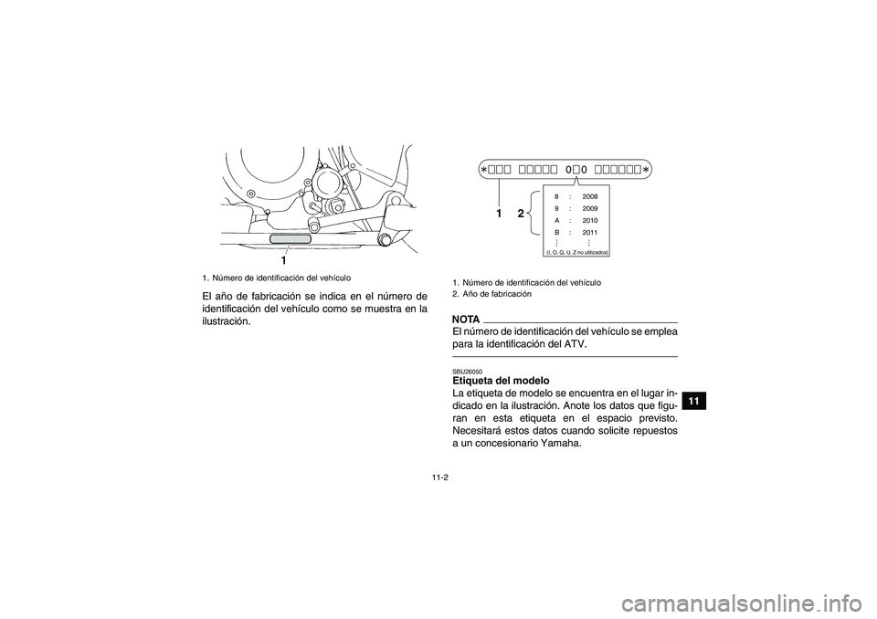 YAMAHA YFM350R 2010 Manuale de Empleo (in Spanish) 11-2
11 El año de fabricación se indica en el número de
identificación del vehículo como se muestra en la
ilustración.
NOTAEl número de identificación del vehículo se emplea
para la identific YAMAHA YFM350R 2010 Manuale de Empleo (in Spanish) 11-2
11 El año de fabricación se indica en el número de
identificación del vehículo como se muestra en la
ilustración.
NOTAEl número de identificación del vehículo se emplea
para la identific