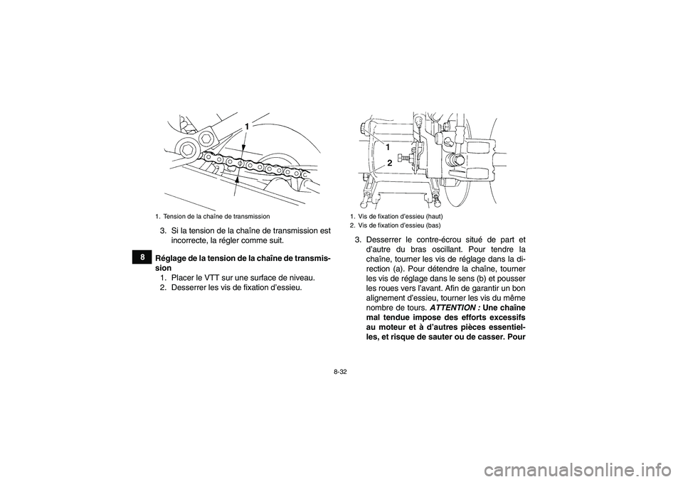 YAMAHA YFM350R 2010  Notices Demploi (in French) 8-32
83. Si la tension de la chaîne de transmission est
incorrecte, la régler comme suit.
Réglage de la tension de la chaîne de transmis-
sion
1. Placer le VTT sur une surface de niveau.
2. Desser