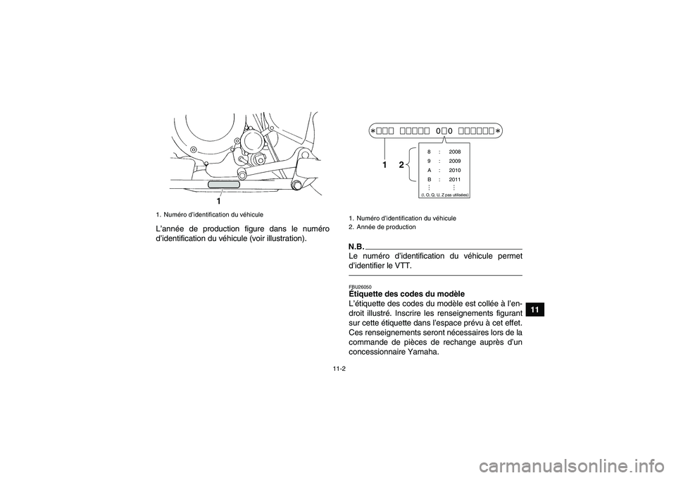 YAMAHA YFM350R 2010 Notices Demploi (in French) 11-2
11 L’année de production figure dans le numéro
d’identification du véhicule (voir illustration).
N.B.Le numéro d’identification du véhicule permet
d’identifier le VTT.FBU26050Étique YAMAHA YFM350R 2010 Notices Demploi (in French) 11-2
11 L’année de production figure dans le numéro
d’identification du véhicule (voir illustration).
N.B.Le numéro d’identification du véhicule permet
d’identifier le VTT.FBU26050Étique