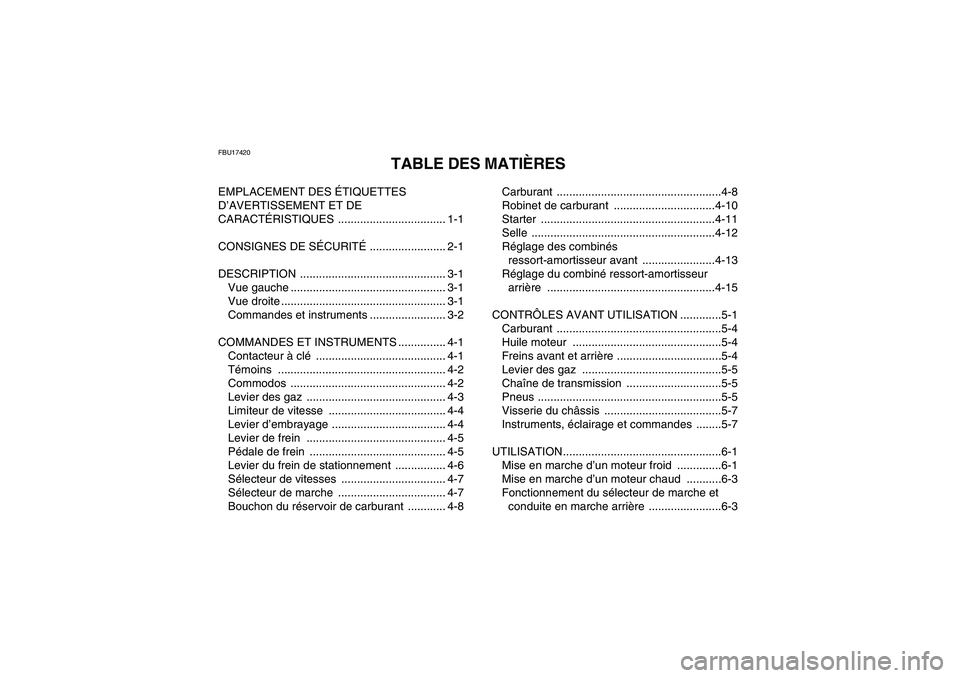 YAMAHA YFM350R 2010  Notices Demploi (in French) FBU17420
TABLE DES MATIÈRES
EMPLACEMENT DES ÉTIQUETTES 
D’AVERTISSEMENT ET DE 
CARACTÉRISTIQUES .................................. 1-1
CONSIGNES DE SÉCURITÉ ........................ 2-1
DESCRIP