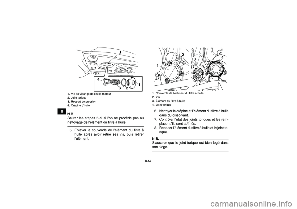 YAMAHA YFM350R 2010  Notices Demploi (in French) 8-14
8
N.B.Sauter les étapes 5–9 si l’on ne procède pas au
nettoyage de l’élément du filtre à huile.5. Enlever le couvercle de l’élément du filtre à
huile après avoir retiré ses vis,