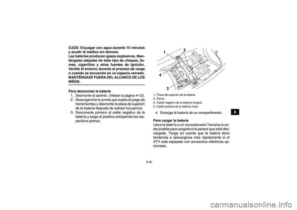 YAMAHA YFM350R 2009  Manuale de Empleo (in Spanish) 8-40
8 OJOS: Enjuagar con agua durante 15 minutos
y acudir al médico sin demora.
Las baterías producen gases explosivos. Man-
téngalas alejadas de todo tipo de chispas, lla-
mas, cigarrillos y otra