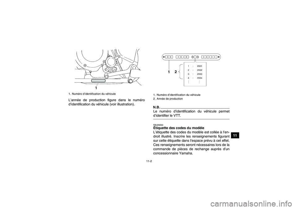 YAMAHA YFM350R 2009 Notices Demploi (in French) 11-2
11 L’année de production figure dans le numéro
d’identification du véhicule (voir illustration).
N.B.Le numéro d’identification du véhicule permetd’identifier le VTT.FBU26050Étiquet YAMAHA YFM350R 2009 Notices Demploi (in French) 11-2
11 L’année de production figure dans le numéro
d’identification du véhicule (voir illustration).
N.B.Le numéro d’identification du véhicule permetd’identifier le VTT.FBU26050Étiquet