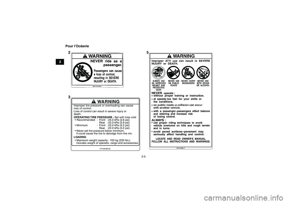 YAMAHA YFM350R 2009  Notices Demploi (in French) 2-5
2Pour l’Océanie
WARNING
Improper tire pressure or overloading can cause
loss of control.
Loss of control can result in severe injury or
death.
OPERATING TIRE PRESSURE : Set with tires cold
 Re