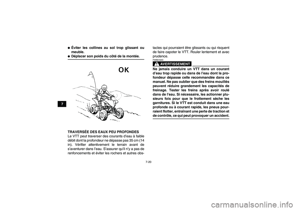 YAMAHA YFM350R 2009  Notices Demploi (in French) 7-20
7
Éviter les collines au sol trop glissant ou
meuble.Déplacer son poids du côté de la montée.
TRAVERSÉE DES EAUX PEU PROFONDES
Le VTT peut traverser des courants d’eau à faible
débit 