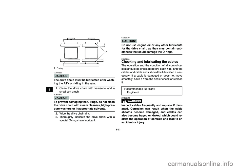 YAMAHA YFM350R 2008 User Guide 8-32
8
CAUTION:ECB00560The drive chain must be lubricated after wash-ing the ATV or riding in the rain.
1. Clean the drive chain with kerosene and a
small soft brush.CAUTION:ECB00570To prevent damagin