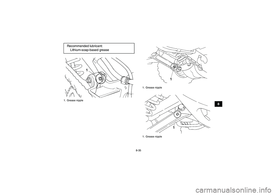 YAMAHA YFM350R 2008  Owners Manual 8-35
8 Recommended lubricant:
Lithium-soap-based grease
1. Grease nipple
1. Grease nipple
1. Grease nipple
U5YT64E0.book  Page 35  Monday, April 9, 2007  1:03 PM 