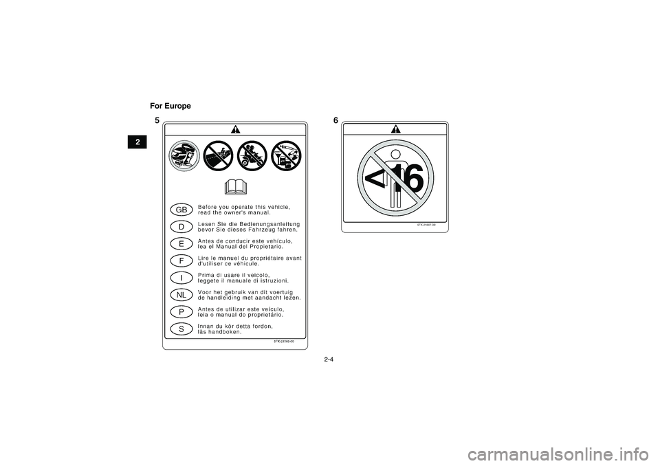 YAMAHA YFM350R 2008 User Guide 2-4
2For Europe
U5YT64E0.book  Page 4  Monday, April 9, 2007  1:03 PM 