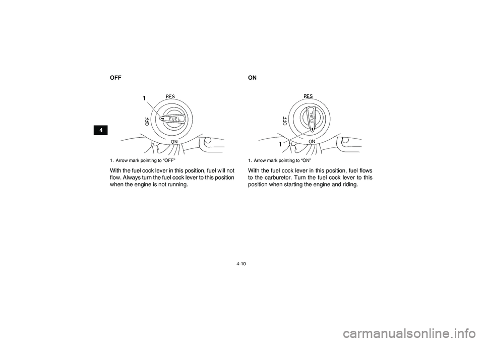 YAMAHA YFM350R 2008 Owners Guide 4-10
4OFF
With the fuel cock lever in this position, fuel will not
flow. Always turn the fuel cock lever to this position
when the engine is not running.ON
With the fuel cock lever in this position, f