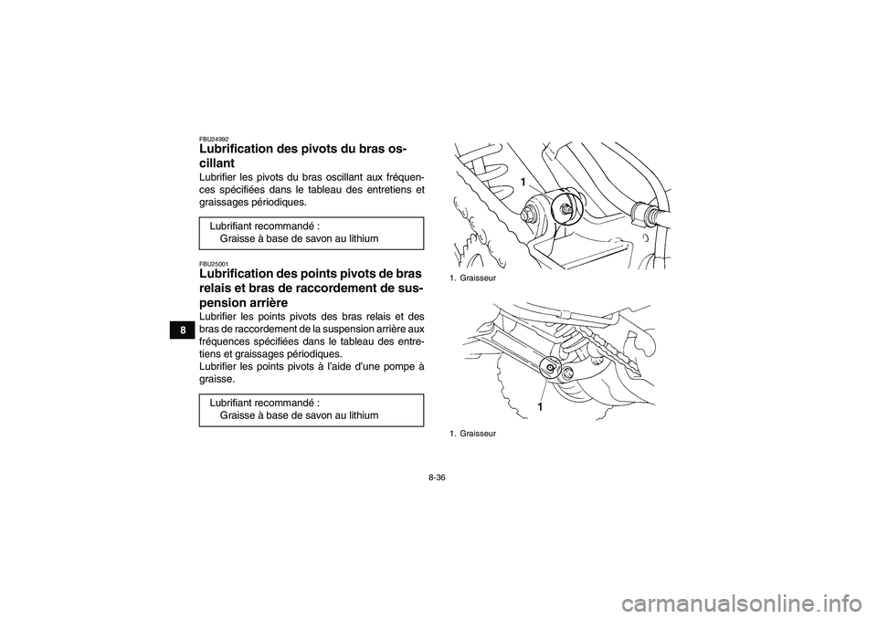 YAMAHA YFM350R 2008  Notices Demploi (in French) 8-36
8
FBU24992Lubrification des pivots du bras os-
cillant Lubrifier les pivots du bras oscillant aux fréquen-
ces spécifiées dans le tableau des entretiens et
graissages périodiques.FBU25001Lubr