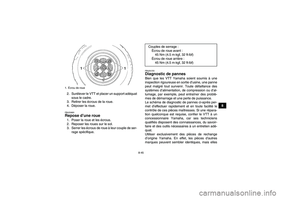 YAMAHA YFM350R 2008  Notices Demploi (in French) 8-45
8 2. Surélever le VTT et placer un support adéquat
sous le cadre.
3. Retirer les écrous de la roue.
4. Déposer la roue.
FBU25660Repose d’une roue 1. Poser la roue et les écrous.
2. Reposer