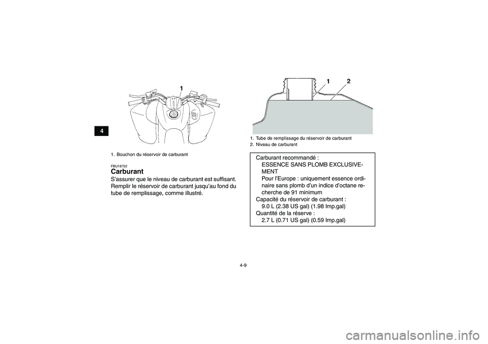 YAMAHA YFM350R 2008  Notices Demploi (in French) 4-9
4
FBU18752Carburant S’assurer que le niveau de carburant est suffisant.
Remplir le réservoir de carburant jusqu’au fond du
tube de remplissage, comme illustré.1. Bouchon du réservoir de car