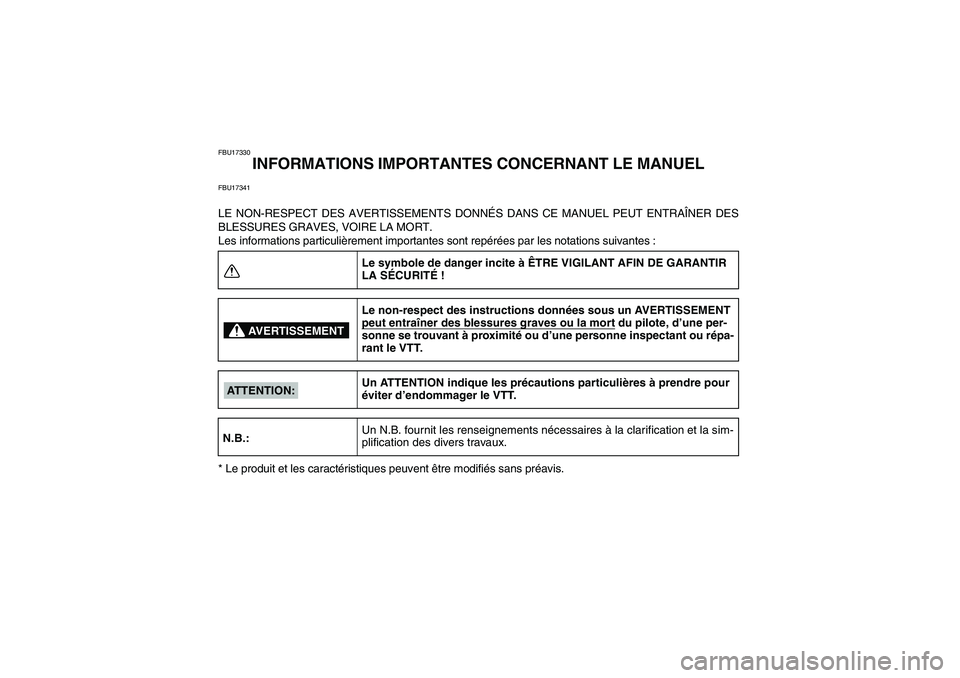 YAMAHA YFM350R 2008 Notices Demploi (in French) FBU17330
INFORMATIONS IMPORTANTES CONCERNANT LE MANUEL
FBU17341LE NON-RESPECT DES AVERTISSEMENTS DONNÉS DANS CE MANUEL PEUT ENTRAÎNER DES
BLESSURES GRAVES, VOIRE LA MORT.
Les informations particulià YAMAHA YFM350R 2008 Notices Demploi (in French) FBU17330
INFORMATIONS IMPORTANTES CONCERNANT LE MANUEL
FBU17341LE NON-RESPECT DES AVERTISSEMENTS DONNÉS DANS CE MANUEL PEUT ENTRAÎNER DES
BLESSURES GRAVES, VOIRE LA MORT.
Les informations particuliÃ
