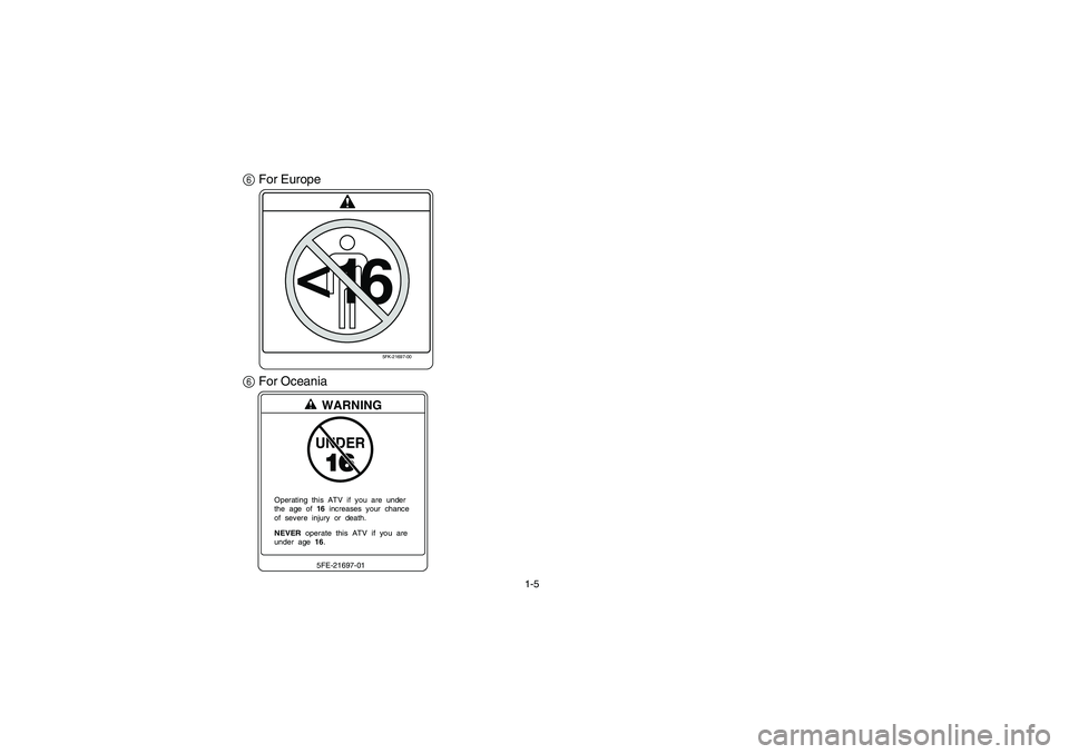 YAMAHA YFM350R 2005  Manuale de Empleo (in Spanish) 1-5
6 For Europe
6 For Oceania
5FK-21697-00
<
16
UNDERWARNING5FE-21697-01
NEVER  operate  this  ATV  if  you  areunder  age  16. Operating  this  ATV  if  you  are  under
the  age  of  16  increases  