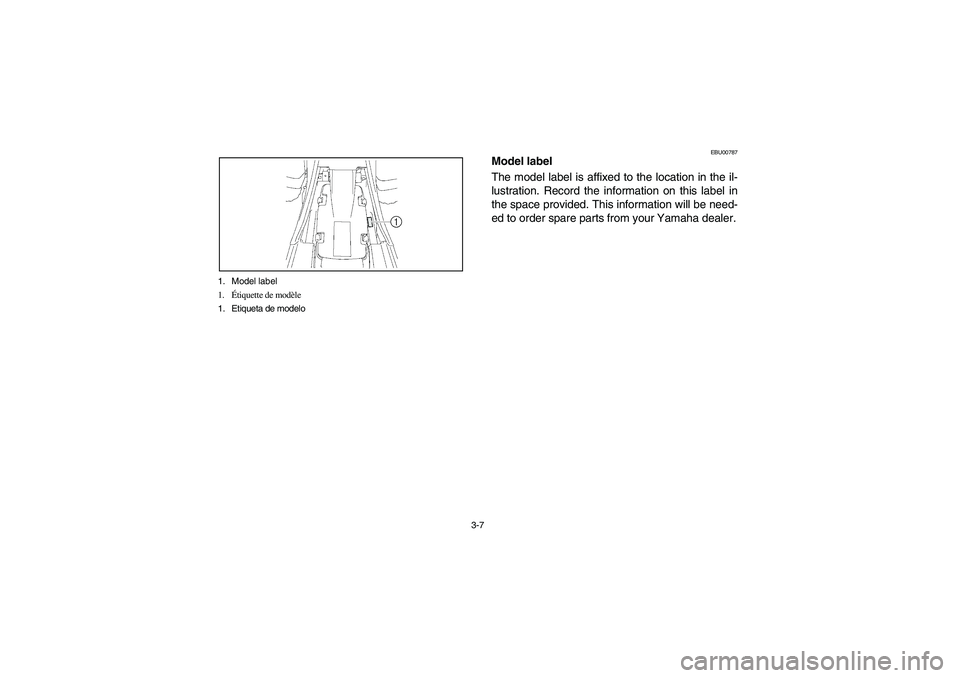 YAMAHA YFM350R 2005  Notices Demploi (in French) 3-7 1. Model label
1.Étiquette de modèle
1. Etiqueta de modelo
EBU00787
Model label
The model label is affixed to the location in the il-
lustration. Record the information on this label in
the spac