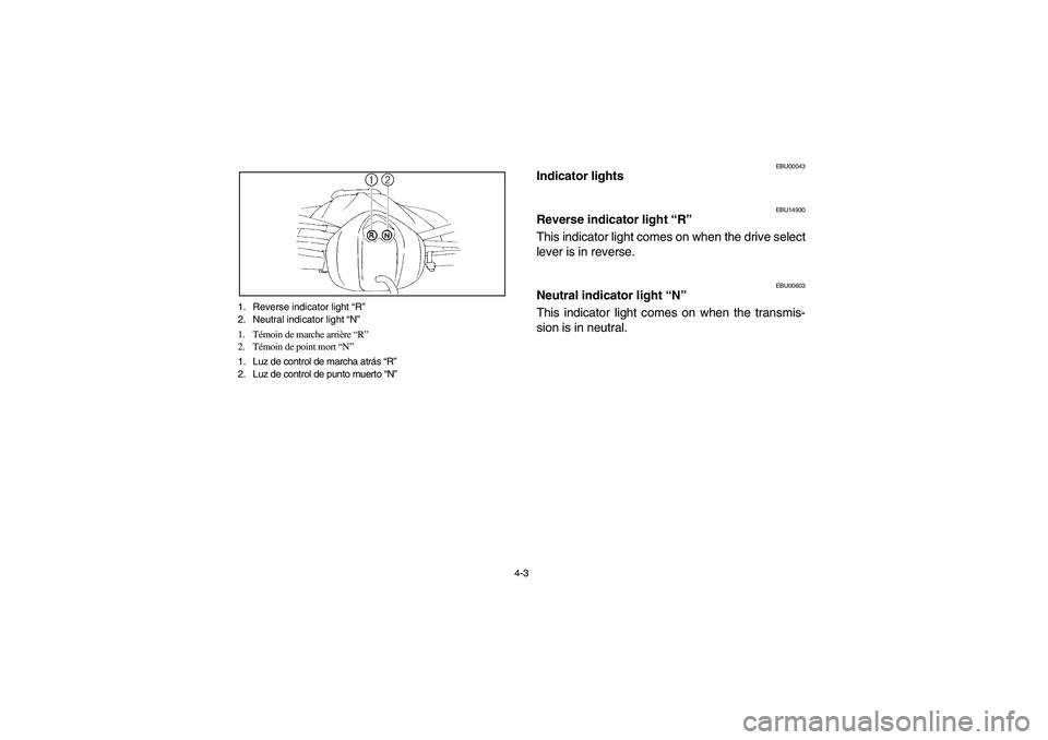 YAMAHA YFM350R 2005 Manual PDF 4-3 1. Reverse indicator light “R”
2. Neutral indicator light “N”
1. Témoin de marche arrière “R”
2. Témoin de point mort “N”
1. Luz de control de marcha atrás “R”
2. Luz de co YAMAHA YFM350R 2005 Manual PDF 4-3 1. Reverse indicator light “R”
2. Neutral indicator light “N”
1. Témoin de marche arrière “R”
2. Témoin de point mort “N”
1. Luz de control de marcha atrás “R”
2. Luz de co