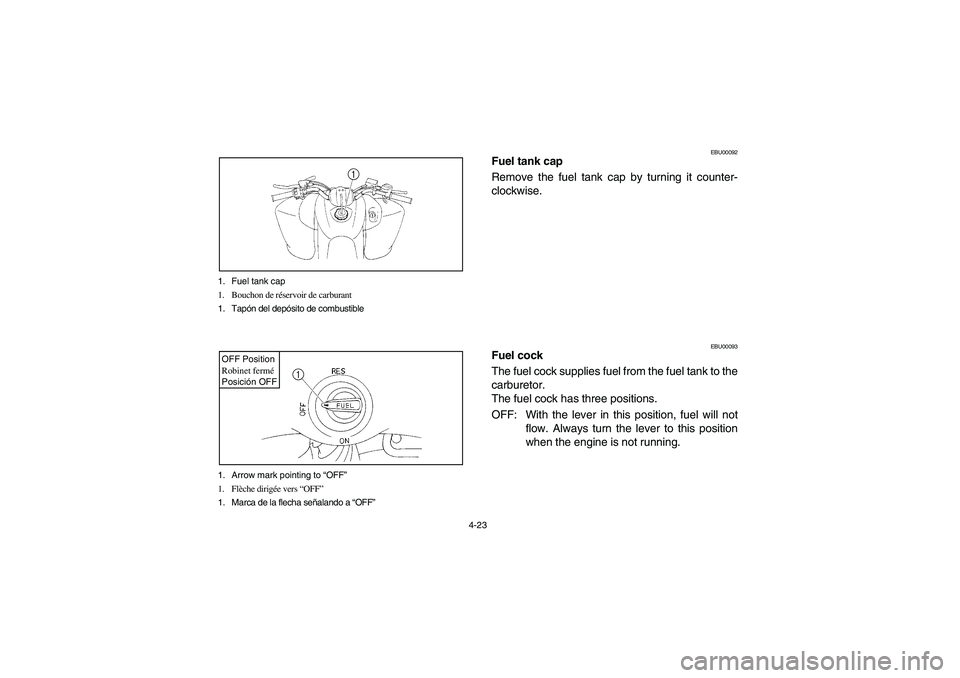 YAMAHA YFM350R 2005  Notices Demploi (in French) 4-23 1. Fuel tank cap
1. Bouchon de réservoir de carburant
1. Tapón del depósito de combustible
1. Arrow mark pointing to “OFF”
1. Flèche dirigée vers “OFF”
1. Marca de la flecha señalan