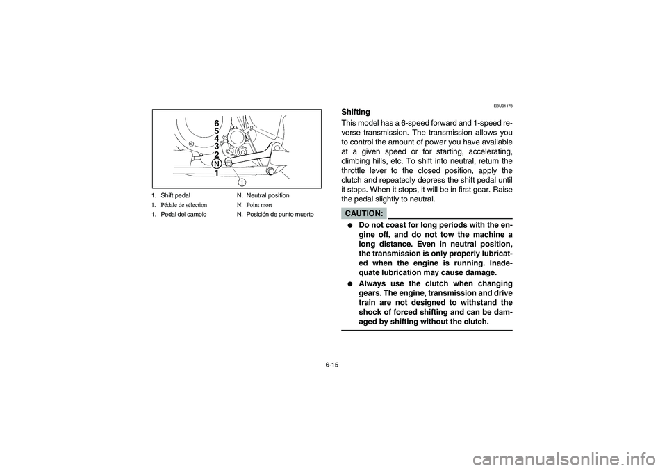 YAMAHA YFM350R 2004  Owners Manual 6-15 1. Shift pedal N. Neutral position
1. Pédale de sélection N. Point mort
1. Pedal del cambio N. Posición de punto muerto
EBU01173
Shifting
This model has a 6-speed forward and 1-speed re-
verse