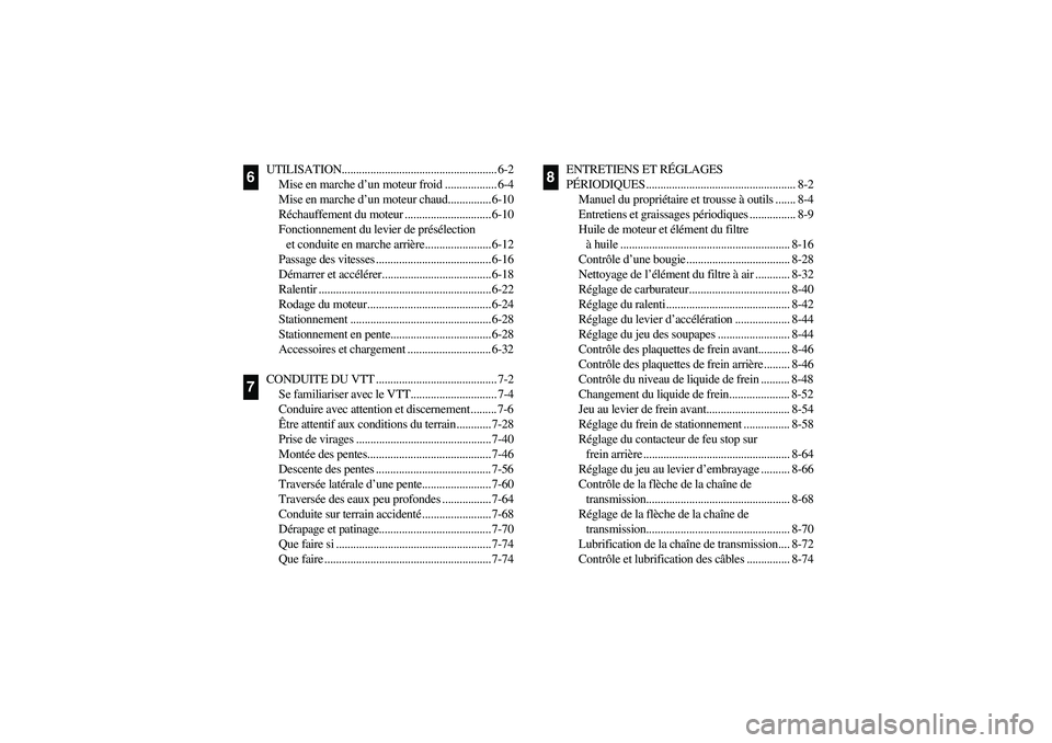 YAMAHA YFM350R 2004 User Guide UTILISATION...................................................... 6-2
Mise en marche d’un moteur froid .................. 6-4
Mise en marche d’un moteur chaud............... 6-10
Réchauffement du YAMAHA YFM350R 2004 User Guide UTILISATION...................................................... 6-2
Mise en marche d’un moteur froid .................. 6-4
Mise en marche d’un moteur chaud............... 6-10
Réchauffement du