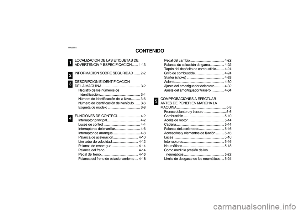 YAMAHA YFM350R 2004 Owners Manual SBU00015
CONTENIDO
LOCALIZACION DE LAS ETIQUETAS DE
ADVERTENCIA Y ESPECIFICACION....... 1-13
INFORMACION SOBRE SEGURIDAD ....... 2-2
DESCRIPCION E IDENTIFICACION
DE LA MAQUINA ...................... YAMAHA YFM350R 2004 Owners Manual SBU00015
CONTENIDO
LOCALIZACION DE LAS ETIQUETAS DE
ADVERTENCIA Y ESPECIFICACION....... 1-13
INFORMACION SOBRE SEGURIDAD ....... 2-2
DESCRIPCION E IDENTIFICACION
DE LA MAQUINA ......................