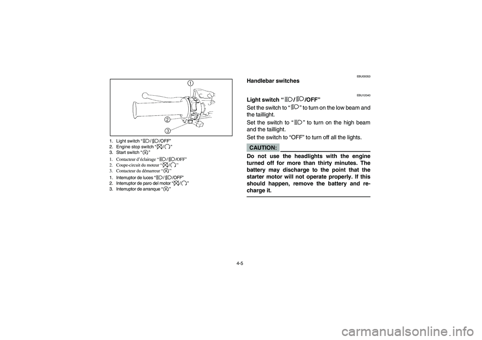 YAMAHA YFM350R 2004  Manuale de Empleo (in Spanish) 4-5 1. Light switch “//OFF”
2. Engine stop switch “/”
3. Start switch “”
1. Contacteur d’éclairage “//OFF”
2. Coupe-circuit du moteur “/”
3. Contacteur du démarreur “”
1. I