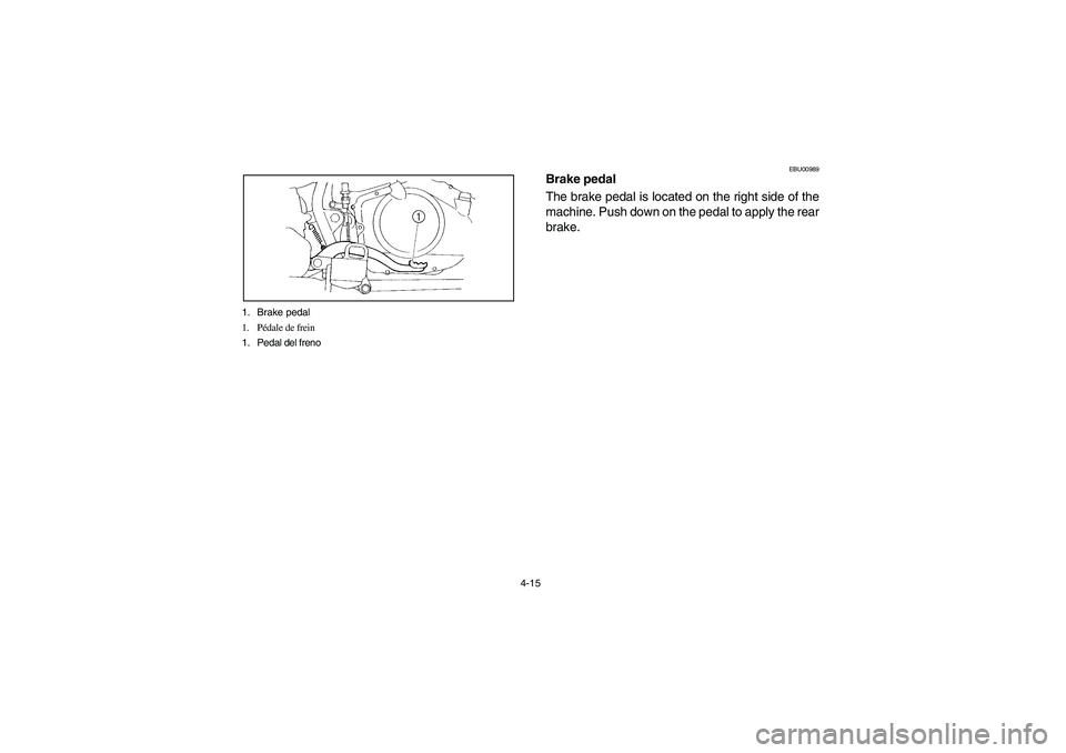 YAMAHA YFM350R 2004  Manuale de Empleo (in Spanish) 4-15 1. Brake pedal
1. Pédale de frein
1. Pedal del freno
EBU00989
Brake pedal
The brake pedal is located on the right side of the
machine. Push down on the pedal to apply the rear
brake.
U5YT60.book