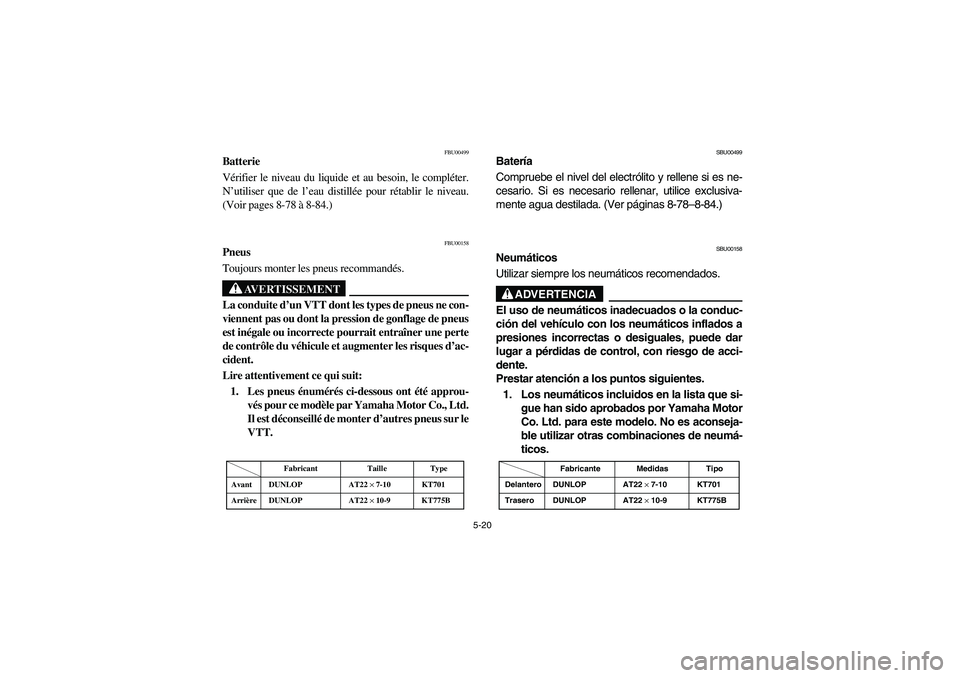 YAMAHA YFM350R 2003  Owners Manual 5-20
FBU00499
Batterie
Vérifier le niveau du liquide et au besoin, le compléter.
N’utiliser que de l’eau distillée pour rétablir le niveau.
(Voir pages 8-78 à 8-84.)
FBU00158
Pneus
Toujours m