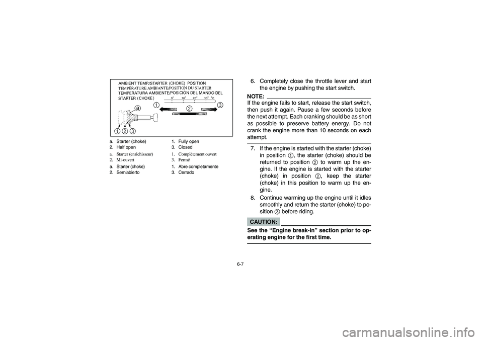 YAMAHA YFM350R 2003  Owners Manual 6-7 a. Starter (choke) 1. Fully open
2. Half open 3. Closed
a. Starter (enrichisseur) 1. Complètement ouvert
2. Mi-ouvert 3. Fermé
a. Starter (choke) 1. Abre completamente
2. Semiabierto 3. Cerrado
