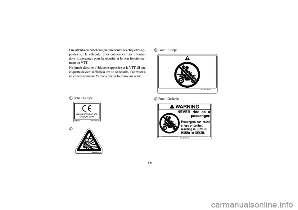 YAMAHA YFM350R 2003  Owners Manual 1-6
Lire attentivement et comprendre toutes les étiquettes ap-
posées sur le véhicule. Elles contiennent des informa-
tions importantes pour la sécurité et le bon fonctionne-
ment du VTT.
Ne jama