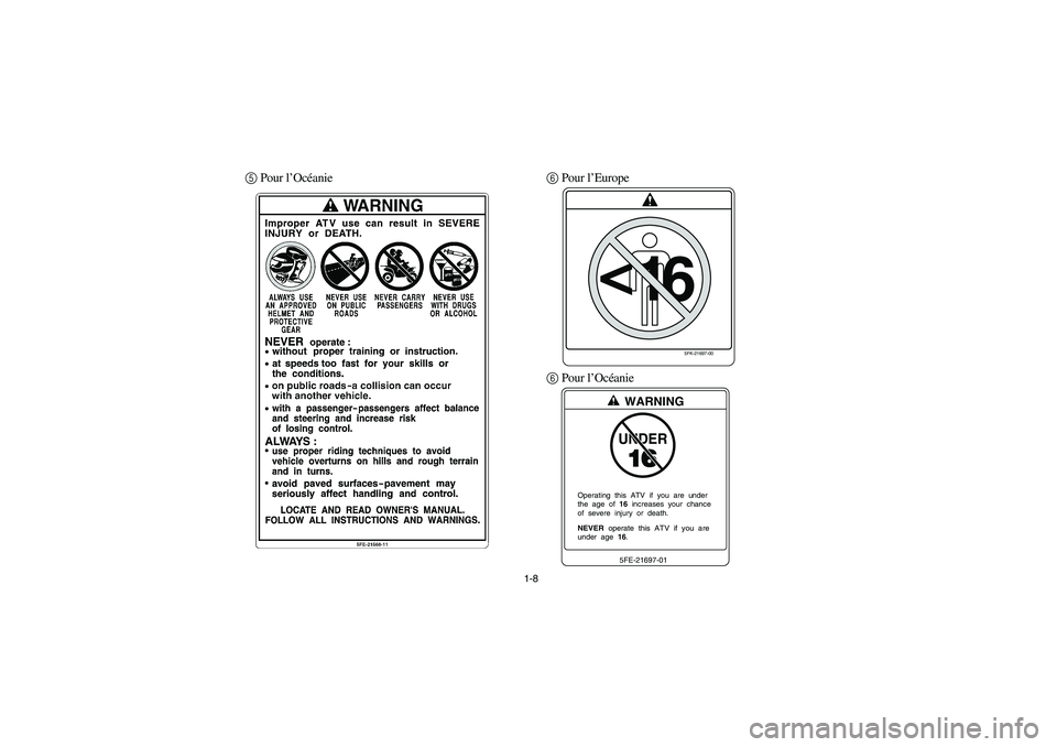 YAMAHA YFM350R 2003 Owners Guide 1-8
5 Pour l’Océanie6 Pour l’Europe
6 Pour l’Océanie
5FK-21697-00
<
16
UNDERWARNING5FE-21697-01
NEVER  operate  this  ATV  if  you  areunder  age  16. Operating  this  ATV  if  you  are  under