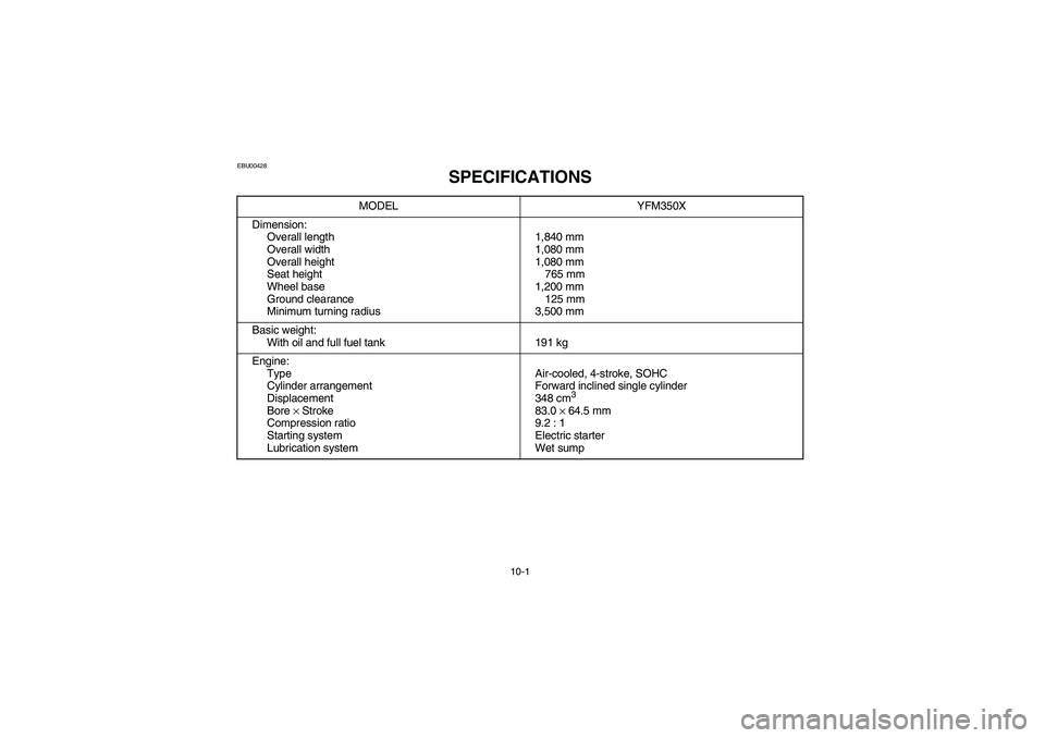 YAMAHA YFM350R 2003  Owners Manual 10-1
EBU00428
SPECIFICATIONS
MODEL YFM350X
Dimension:
Overall length
Overall width
Overall height
Seat height
Wheel base
Ground clearance
Minimum turning radius1,840 mm
1,080 mm
1,080 mm
765 mm
1,200 