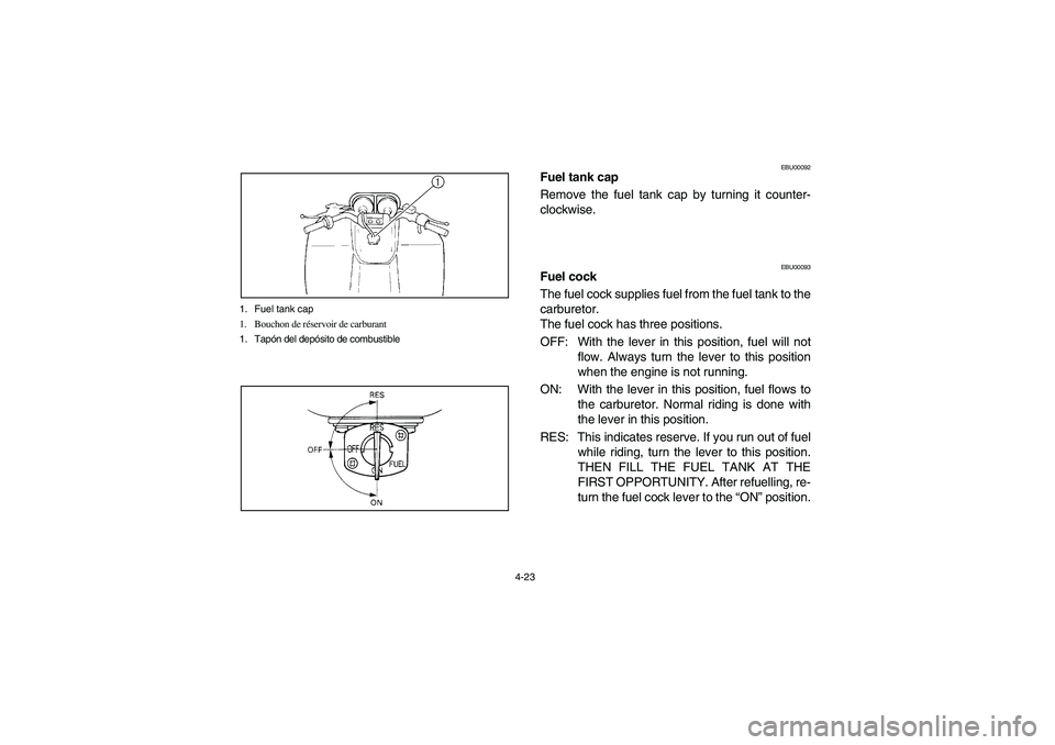 YAMAHA YFM350R 2003  Owners Manual 4-23 1. Fuel tank cap
1. Bouchon de réservoir de carburant
1. Tapón del depósito de combustible
EBU00092
Fuel tank cap
Remove the fuel tank cap by turning it counter-
clockwise.
EBU00093
Fuel cock
