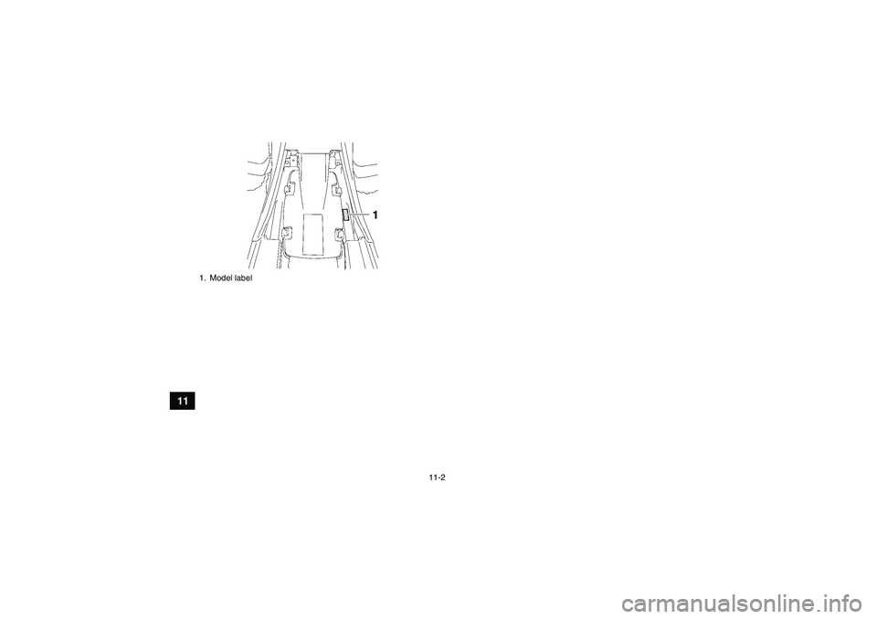 YAMAHA YFM350R-W 2012 Owners Manual 11-2
11
1. Model labelU10P70E0.book Page 2 Thursday, July 21, 2011 8:51 AM YAMAHA YFM350R-W 2012 Owners Manual 11-2
11
1. Model labelU10P70E0.book Page 2 Thursday, July 21, 2011 8:51 AM