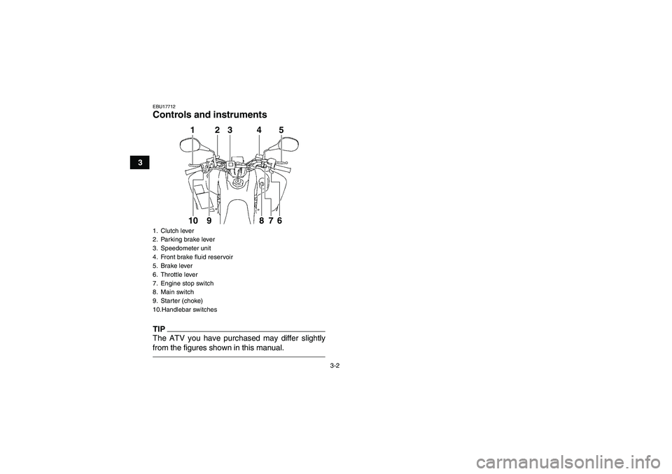 YAMAHA YFM350R-W 2012 Owners Manual 3-2
3
EBU17712Controls and instrumentsTIPThe ATV you have purchased may differ slightly
from the figures shown in this manual.1. Clutch lever
2. Parking brake lever
3. Speedometer unit
4. Front brake YAMAHA YFM350R-W 2012 Owners Manual 3-2
3
EBU17712Controls and instrumentsTIPThe ATV you have purchased may differ slightly
from the figures shown in this manual.1. Clutch lever
2. Parking brake lever
3. Speedometer unit
4. Front brake