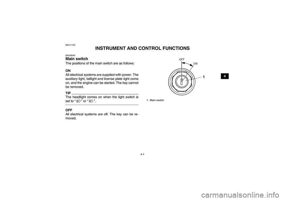 YAMAHA YFM350R-W 2012 Owners Manual 4-1
4
EBU17733
INSTRUMENT AND CONTROL FUNCTIONS
EBU28040Main switch The positions of the main switch are as follows:
ON
All electrical systems are supplied with power. The
auxiliary light, taillight a