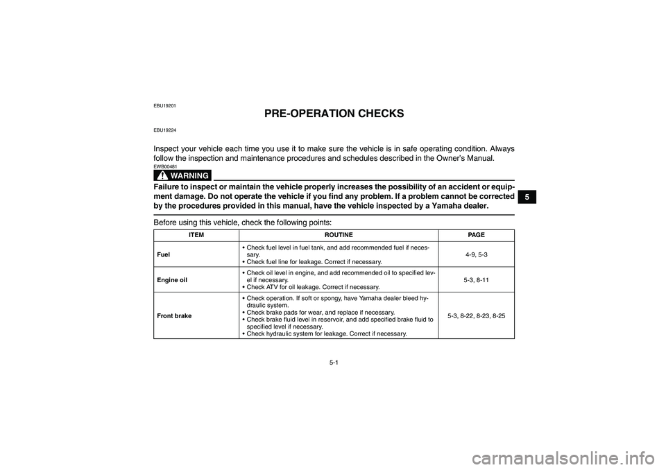 YAMAHA YFM350R-W 2012  Owners Manual 5-1
5
EBU19201
PRE-OPERATION CHECKS
EBU19224Inspect your vehicle each time you use it to make sure the vehicle is in safe operating condition. Always
follow the inspection and maintenance procedures a